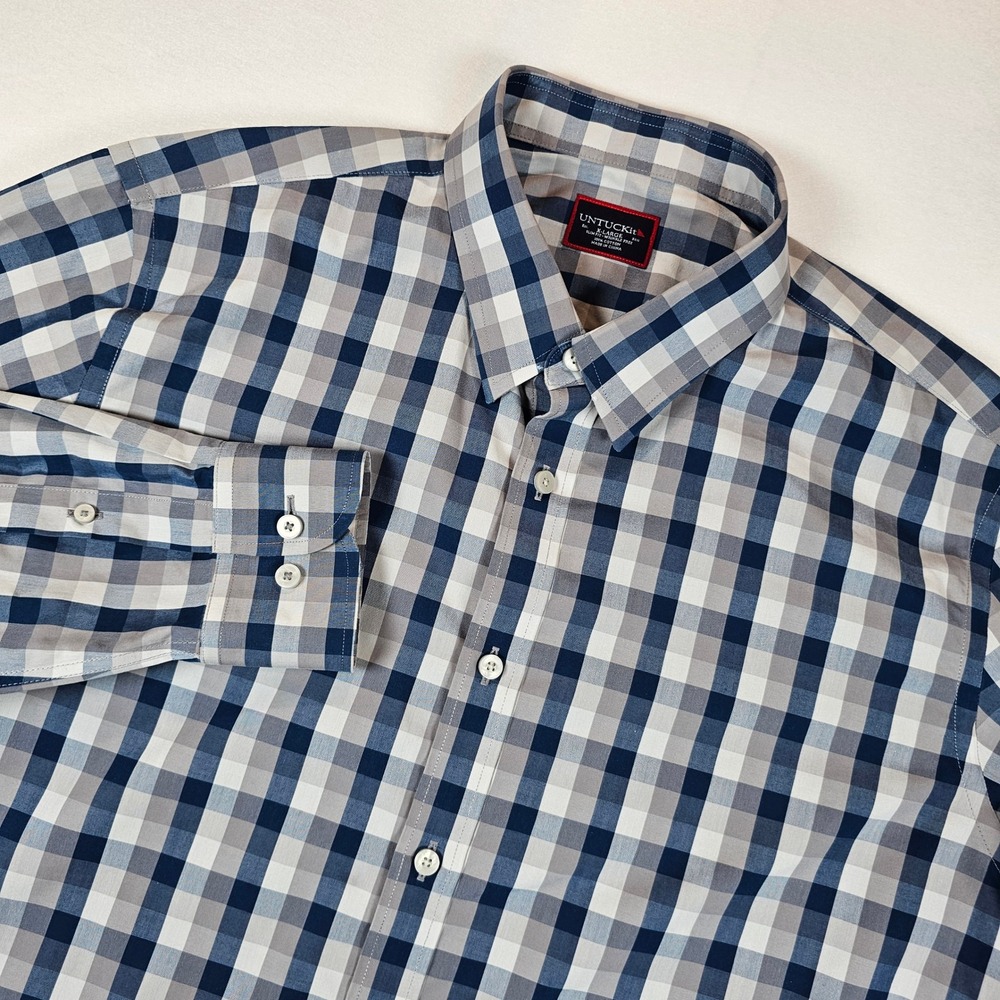 UNTUCKit Mens XL Slim Fit Wrinkle Free Gingham Button Down Shirt Navy Grey White